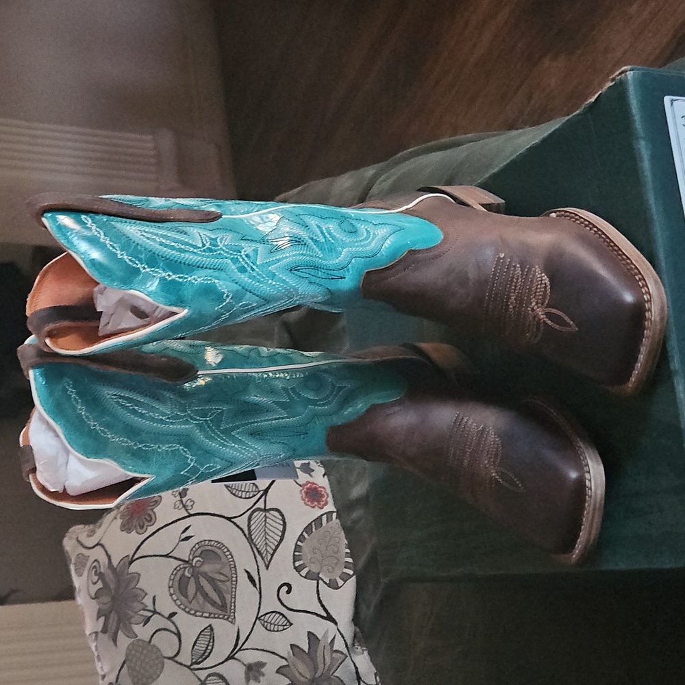Buck & Brana Fedra Leather Cowgirl Turquoise and Brown Western Cowboy Boots